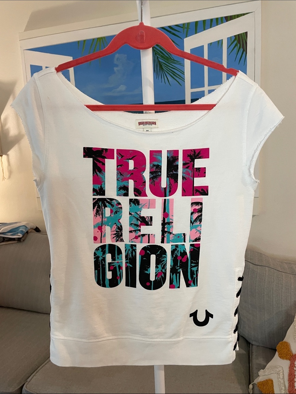 True Religion Side Lace Sara Knit Tee with Tropical Graphic Logo